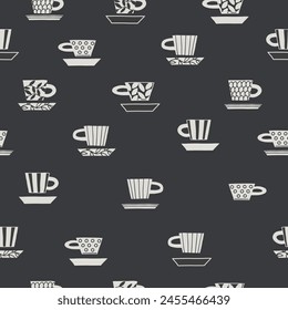 Seamless pattern. Hand drawn Blue and white pottery decorated with patterns in Scandinavian style. Hot drinks, Pottery, holidays concept. For wrapping paper, other design projects