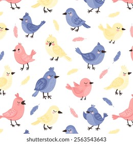 Seamless pattern with hand drawn blue, yellow and pink bird characters. Cute colorful parrots, canaries and sparrows. Valentines Day concept. Cartoon animals in love. Flat vector illustration.