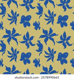 Seamless pattern with hand drawn blue flowers. Loose botanical repeat background. Rough florals wallpaper.