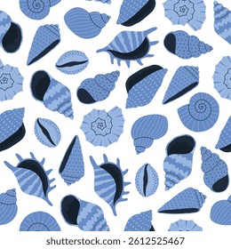 Seamless pattern of hand drawn blue seashells on white background. Template for print, greeting card, textile, wallpaper. Vector illustration