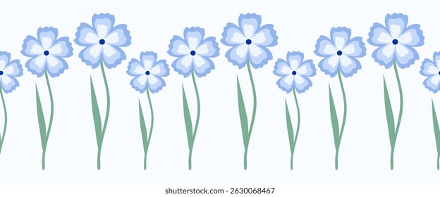 Seamless pattern of hand drawn blue carnations, wild flowers on isolated background. Design for springtime, mother’s day, , nursery decor, home decor, paper crafts.