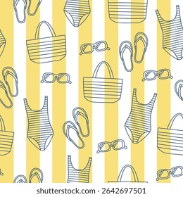 Seamless pattern with hand drawn blue outline summer beach elements. Doodle drawing for print, poster, banner, card. Vector illustration