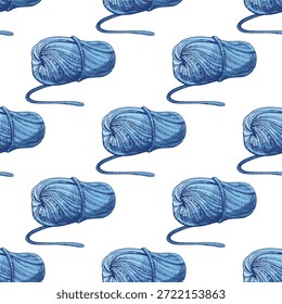 Patrón sin fisuras con madejas de hilo azul dibujado a mano y líneas de hilo. Estilo de tejido de Antiguas, perfecto para textiles, embalaje, papel de embalaje y proyectos de bricolaje.