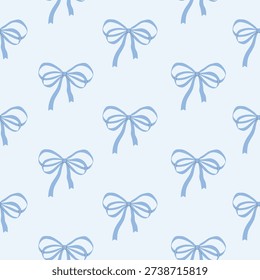 Seamless pattern of hand drawn blue bows on light blue background. Template for greeting card, invitation, poster, banner, wrapping paper. Vector illustration