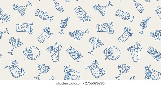 seamless pattern with hand drawn blue line cocktails and tropical drinks on beige background for summer bar menu and wallpaper