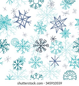 Seamless pattern with hand drawn blue and cyan snow flakes on white background, simple winter background for your design