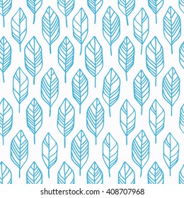 Seamless pattern with hand drawn blue feathers