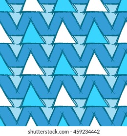 Seamless pattern with hand drawn blue triangles. Sketch design for print, home decor, textile, wrapping paper, invitation card, fashion fabric etc. Vector illustration. 