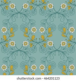 Seamless pattern with hand drawn blue flowers and leaves on blue background. Doodle design. Vector illustration.