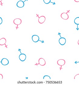 Seamless pattern hand drawn of  blue and pink icons the mirror of Venus and the shield with the spear of Mars.