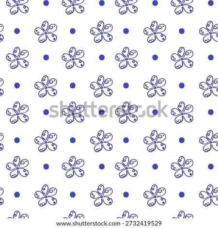 Seamless pattern with hand drawn blue flowers and polka dots on white background. Simple floral vector illustration for textile and wrapping paper