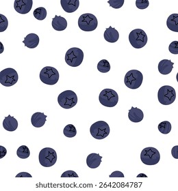 Seamless pattern with hand drawn blueberries, dark purple berries, simple flat vector illustration, white background, fruit design for fabric, textile, packaging. Vector illustration