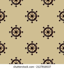 Seamless pattern hand drawn boat steering wheel with colored version on a white background