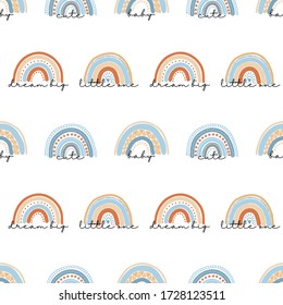 Seamless pattern of hand drawn boho rainbow in pastel blue and neutral beige colors on white background