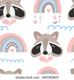 Seamless pattern with hand drawn boho raccoon, rainbow in bohemian style. Vector kids illustration for nursery design. Racoon boho fabric for baby clothes, wrapping paper.
