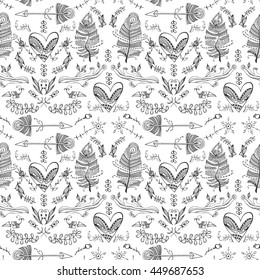 Seamless pattern with hand drawn Boho design elements. Vector illustration. Trendy tribal symbol collection with arrows, feathers, floral border design for print and posters. 