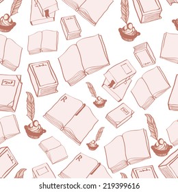 Seamless pattern with hand drawn books and ink with feather. Clipping mask is used, vector illustration.