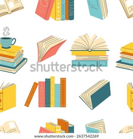  Seamless pattern of hand drawn books. Cute different stacks and piles of books, open and closed books isolated on white background. 