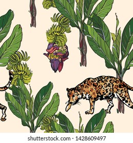 Seamless Pattern Hand Drawn Botanical Art Illustration Print Jungle Forest Tropical Leaves Rainforest Tropics Palm Banana Trees with Wild Animal Leopard Ink Outline Drawing Wallpaper Textile Design