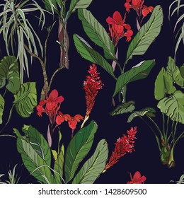 Seamless Pattern Hand Drawn Botanical Illustration Print Jungle Forest Tropical Leaves Rainforest Tropics with Exotic Flowers Hibiscus Red Blossom on Dark Background Night Jungle 