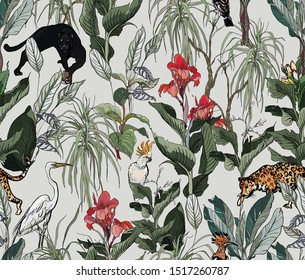 Seamless Pattern Hand Drawn Botanical Illustration Pantera, Leopard and Exotic Birds Wildlife in Jungle Forest Tropical Leaves with Red Hibiscus Flowers Red Blossom on Blue Background Hand drawn Art