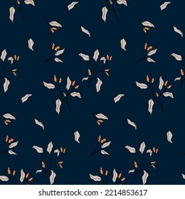 Seamless pattern, hand drawn botanical print with branches on a dark background. Abstract botanical arrangement of winter plants, drawn branch with small flowers tassels, leaves. Vector illustration.
