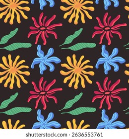 Seamless pattern with hand drawn botanical elements. Tropical brightly colored elements. Printed pattern for fabric, scrapbooking