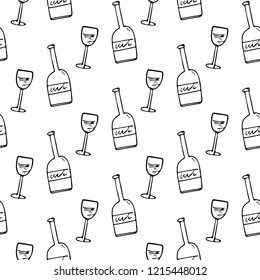Seamless pattern hand drawn bottle and glass. Doodle black sketch. Sign symbol. Decoration element. Isolated on white background. Flat design. Vector illustration.