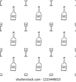 Seamless pattern hand drawn bottle and glass. Doodle black sketch. Sign symbol. Decoration element. Isolated on white background. Flat design. Vector illustration.