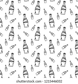 Seamless pattern hand drawn bottles. Doodle black sketch. Sign symbol. Decoration element. Isolated on white background. Flat design. Vector illustration.