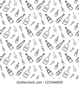 Seamless pattern hand drawn bottles. Doodle black sketch. Sign symbol. Decoration element. Isolated on white background. Flat design. Vector illustration.