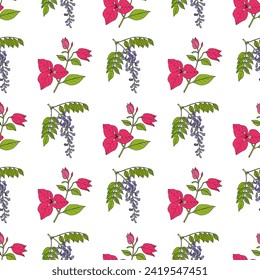 Seamless pattern with hand drawn bougainvillea and chinese wisteria (wisteria sinensis), medicinal and ornamental plant. Vector illustration svg
