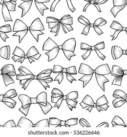 Seamless pattern with hand drawn bow. Detailed sketch of holiday symbol. Black and white pencil drawing. Useful for background, fabric or paper.