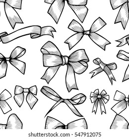 Seamless pattern with hand drawn bow. Detailed sketch of holiday symbol. Black and white pencil drawing. Useful for background, fabric or paper.