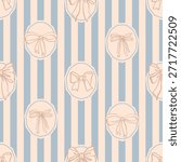 Seamless pattern with hand drawn bows and ribbons with blue stripes on the background
