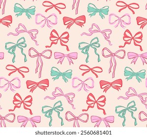 Seamless pattern of hand drawn bows, ribbons. Art, design pattern, background, print. Vector design
