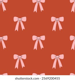 Seamless pattern with hand drawn bows. Vector flat illustration of ribbons in vintage style. Holiday bowknots in coquette aesthetic