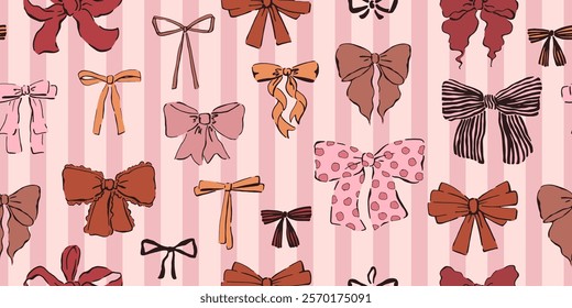 Seamless pattern with hand drawn bows, ribbons. Cute cartoon style. Endless repeat wallpaper, fabric print. Wrapping paper design.