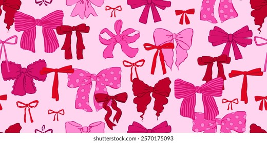 Seamless pattern with hand drawn bows, ribbons. Cute cartoon style. Endless repeat wallpaper, fabric print. Wrapping paper design.