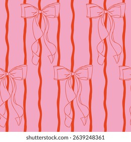 Seamless pattern of hand drawn bows and wavy vertical stripes in pink and red tones. Represents feminine charm, vintage elegance and decorative textile design