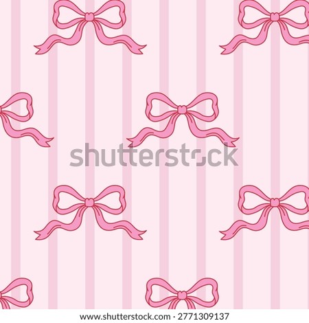 Seamless pattern with hand drawn bows over striped background. Feminine pink design for wrapping paper, textile and fashion prints.