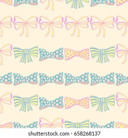 Seamless pattern with hand drawn bow-tie on light beige background. Doodles vector illustration.