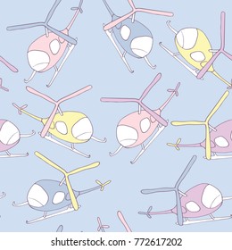 Seamless pattern with hand drawn boy toy helicopters in imperfect style. Doodle design in pastel colors.