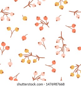 Seamless pattern with hand drawn branch berry in cartoon style. Flat background of currant isolated on white background. Autumn texture with cute branch. Vector Illustration