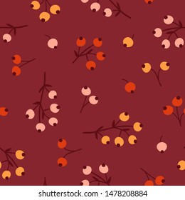 Seamless pattern with hand drawn branch berry in cartoon style. Flat background of currant isolated on burgundy background. Autumn texture with cute branch. Vector Illustration