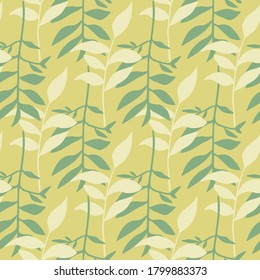Seamless pattern with hand drawn branch leaf ornament. Green and light foliage on yellow pale background. Great for wallpaper, textile, wrapping paper, fabric print. Vector illustration.