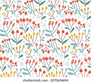 Seamless pattern with hand drawn branch berry in cartoon style. Flat hand drwan background isolated on white background. Autumn ans winter texture with cute branch. Vector scandinavian Illustration