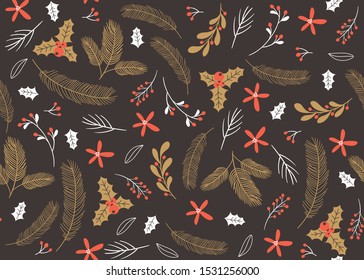 Seamless pattern with hand drawn branches, winter floral and decorative elements. Vector illustrations