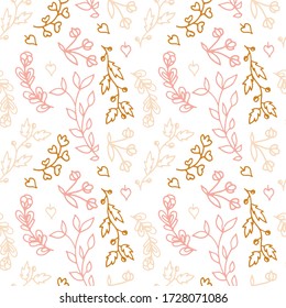 Seamless pattern with hand drawn branches and floral elements. Some simple lines. Pastel colours pink, gold and dark brown. Rustic style. Isolated on white background.