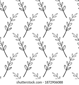 Seamless pattern with hand drawn branches. Vector vintage black and white silhouette. Endless texture for your design, romantic greeting cards, announcements, fabrics.  Floral background.